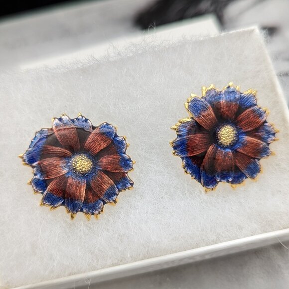 1980s Enamel Flower Pierced Post Earrings Purple Blue Glam Diva Artsy Gold Plt - Picture 5 of 9